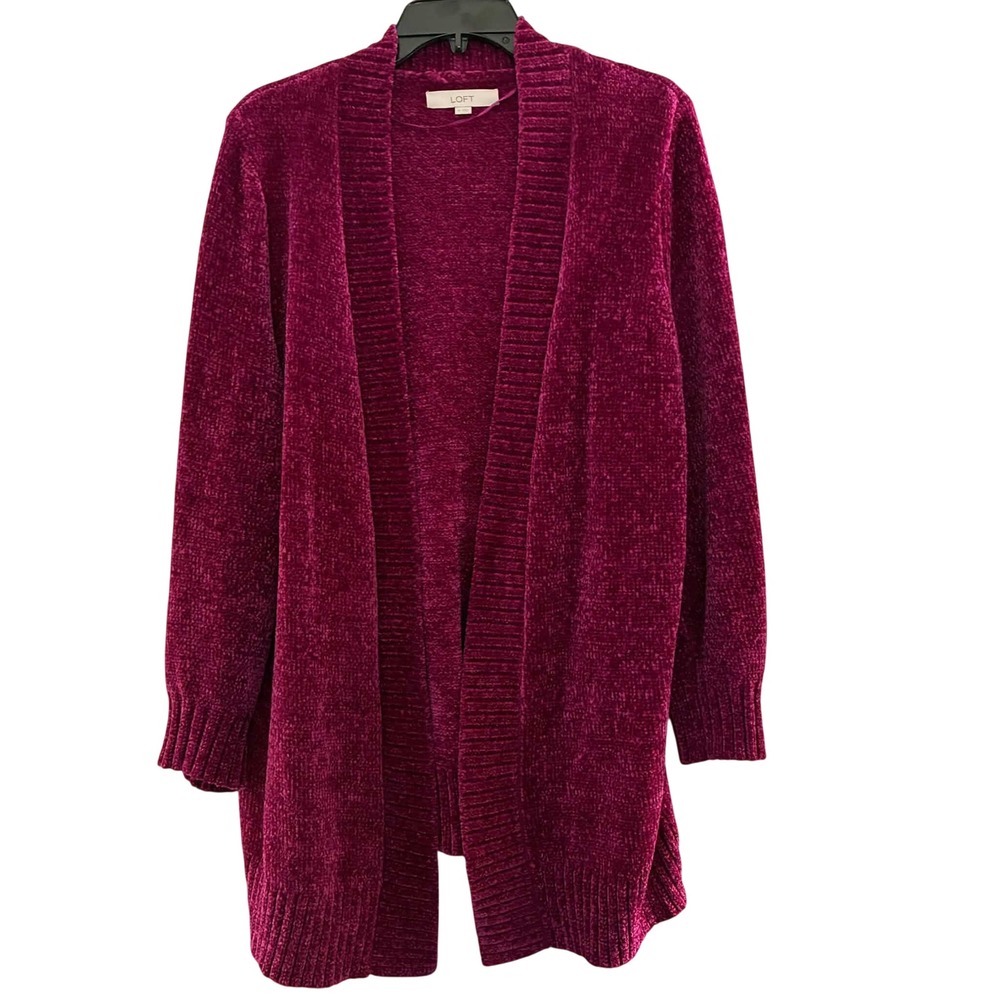 LOFT Cardigan Sweater Womens XL Magenta Chenille Open Front Longline